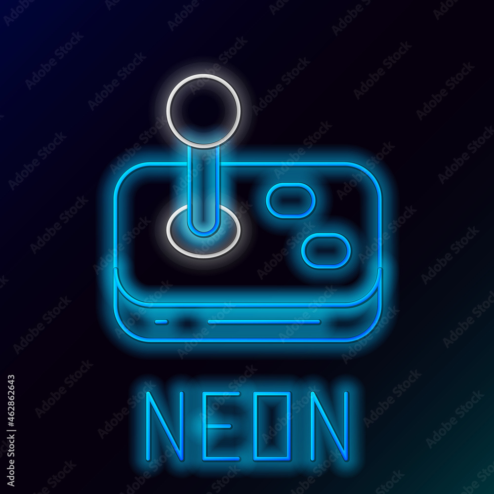 Poster glowing neon line joystick for arcade machine icon isolated on black background. joystick gamepad. c