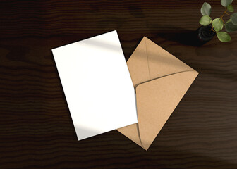 Envelope back side and blank card invitation Mockup. Top view on wooden background. with clipping path. 3d render.