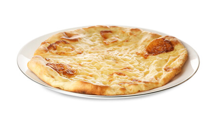 Delicious khachapuri with cheese on white background