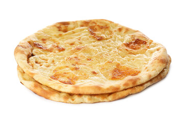 Delicious khachapuri with cheese on white background