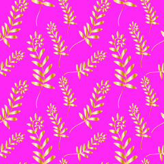Seamless vector pattern with gold flowers on glamorous pink background. Repeating, summer, bright hand drawn in doodle style.Design for textiles, fabric,wrapping paper, scrapbook paper, packaging.