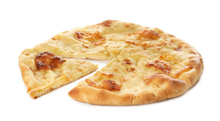 Delicious khachapuri with cheese on white background