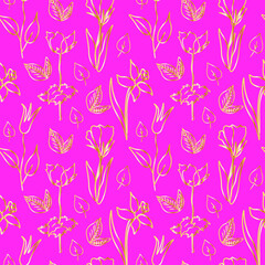 Seamless vector pattern with gold flowers on glamorous pink background. Repeating, summer, bright hand drawn in doodle style.Design for textiles, fabric,wrapping paper, scrapbook paper, packaging.