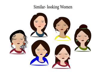 Similar looking women/set of people/Six women in same look/Similar looking women in different skin tone and hair/Six women in different skin tones and hair/set of women/Women in different hair.