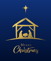 Merry Christmas, Jesus in manger and star gold color on blue sky. Nativity scene of baby Jesus silhouette in a nursery with Mary and Joseph. Happy epiphany day vector illustration