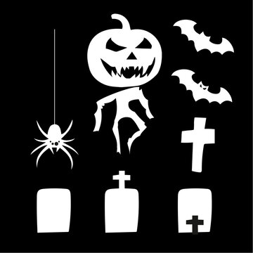 Halloween elements: spooky walking pumpkin, flying bats, spider and tombstones in black and white.