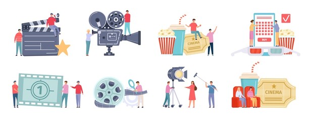Flat tiny characters recording, making and watching movies. Film director, shooting crew, people at cinema. Movie production team vector set - obrazy, fototapety, plakaty