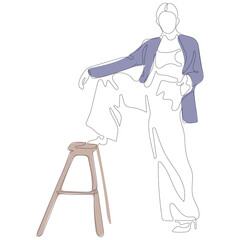 Fashion concept in single line vector illustration of stylish a woman (young girl) posing. Sketch beautiful model posign for the camera. Illustration fits for magazine, background or logotype.