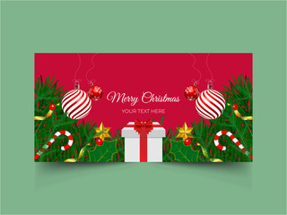 Merry Christmas sale banner template. with decorative christmas balls. Christmas banner, Xmas sparkling lights garland with gifts box and golden tinsel, posters, cards, headers, website. Vector