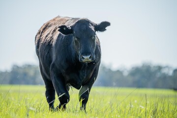 Beef cows and calves grazing on grass in Australia. Eating hay and silage. breeds include speckle...