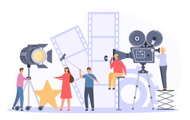 Movie production team shooting film actor on camera. Flat cinema director and crew record video scene. Movie making industry vector concept - obrazy, fototapety, plakaty