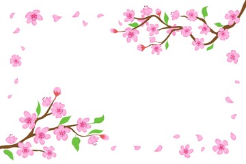 Obraz na płótnie Canvas Cartoon japanese cherry blossom and falling petals background. Sakura branches with pink flowers banner Blooming spring tree vector frame