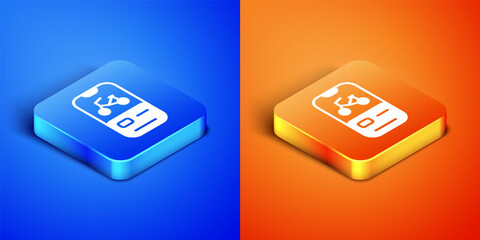 Isometric Bicycle rental mobile app icon isolated on blue and orange background. Smart service for rent bicycles in the city. Mobile app for sharing system. Square button. Vector