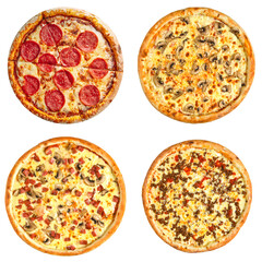 Set of different pizzas collage isolated on white background