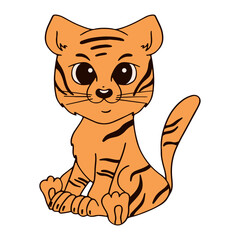 The tiger cub is sitting. Vector illustration in cartoon style. Childrens illustration isolated on white background