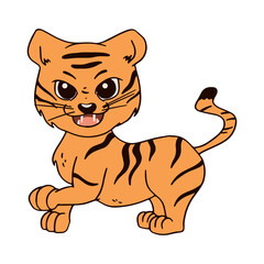 Tiger cub in a warlike pose. Vector illustration in cartoon style. Childrens illustration isolated on white background