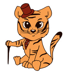 A tiger cub is sitting in a hat with a cane in its paw. Vector illustration in cartoon style. Childrens illustrations isolated on white background.