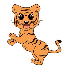 Tiger cub in a warlike pose. Vector illustration in cartoon style. Childrens illustration isolated on white background