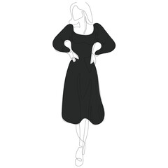 Single line vector illustration of a beautiful woman (young girl) with a long black dress on high heels. Sketch beautiful woman in cocktail dress. Illustration fits for magazine, background or logo.