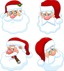 Classic Santa Claus Face Portrait Cartoon Characters. Vector Collection Set Isolated On White Background