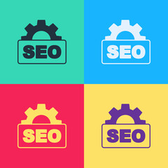 Pop art SEO optimization icon isolated on color background. Vector