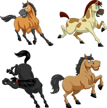 Amazing Horses Cartoon Mascot Characters. Vector Collection Set Isolated On White Background