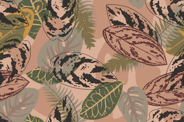 Tropical seamless pattern. Modern hand drawn background with various leaves.