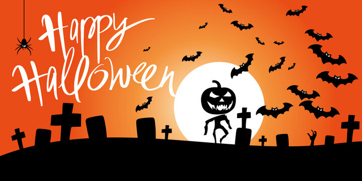 Happy Halloween lettering on an orange background with white full moon showing scary spooky creatures like a walking pumpkin,  tombstones and flying bats in black.
