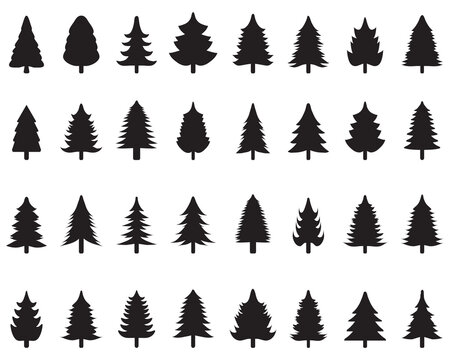 Set of black Christmas trees on a white background	
