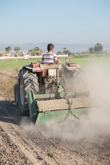 Fototapeta premium young farmer plowing the land with a red tractor