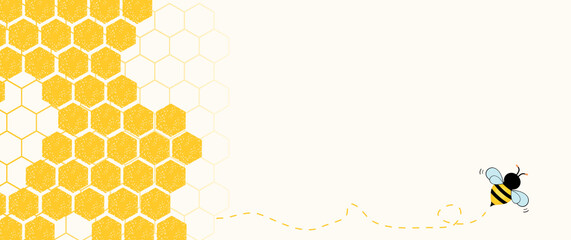 Beehive honeycomb with hexagon grid cells and bee cartoon on yellow background vector. - obrazy, fototapety, plakaty