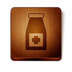 Brown Medicine bottle and pills icon isolated on white background. Bottle pill sign. Pharmacy design. Wooden square button. Vector