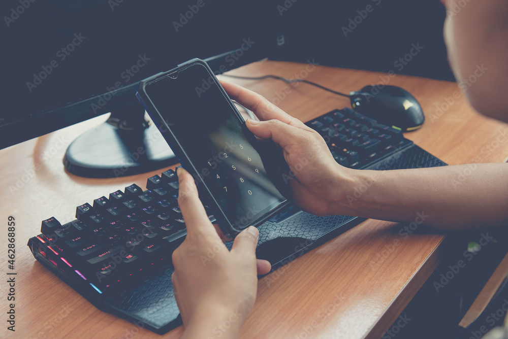 Poster businessman are using computers to working at home and using smart phone for social media interactio