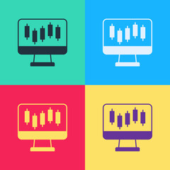 Pop art Computer with stocks market growth graphs and money icon isolated on color background. Monitor with stock charts arrow on screen. Vector