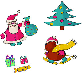 Set of vector images  with a bear,  and Santa Clous, Christmas tree, gifts. hand-drawn . Can be used as stickers 