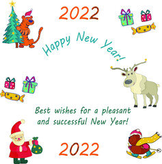 Set of vector images  with a bear, deer, tiger,  and Santa Clous, Christmas tree, gifts. hand-drawn .with congratulations and text , Can be used as stickers 