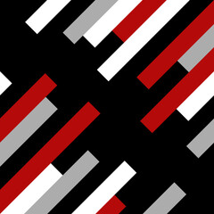 Diagonal geometrical pattern illustration with red, black, white and grey stripes decoration on black background