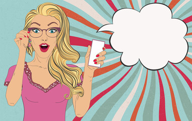 Surprised blonde female pretty naive woman with open mouth in pop art comic style holding a mobile phone for advertising or sales. Speech bubble copy space. Vintage retro style poster