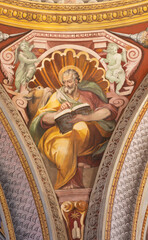 ROME, ITALY - AUGUST 28, 2021: The fresco of Luke the Evangelist in church San Girolamo dei Croati...