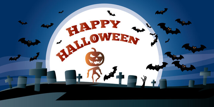 Halloween banner with text Happy Hallow showing scary elements like tombstones and flying bats. Illustration in blue orange, black and white for website, ads, promotional material or invitations.