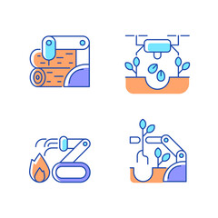Automation for wellbeing RGB color icons set. Wood processing. Drones for planting. Firefighter robot. Automated harvesting. Isolated vector illustrations. Simple filled line drawings collection