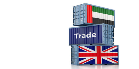Shipping containers with United Arab Emirates and United Kingdom flag. 3D Rendering 
