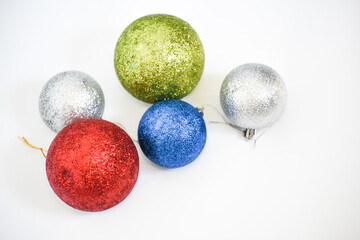 	
Christmas balls on white background, Christmas decorations . New year design and space for text. New year 2022	
