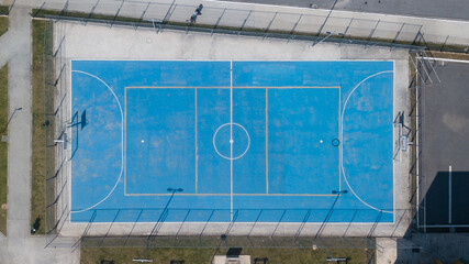 Sports court with various modalities (futsal, basketball, volleyball...) seen from above, in a...