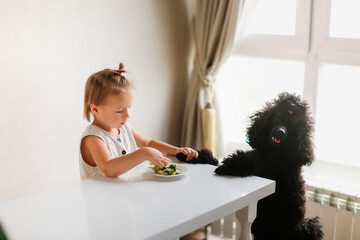 Cute kid girl with dog eating broccoli. The concept of proper healthy nutrition, children and pets. The black poodle begs for food from the table. A child feeds a poodle, an uneducated dog