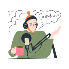 Young man is recording a podcast and drinking coffee. A guy with headphones and a microphone reads an audio podcast. Vector illustration to the waist