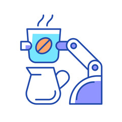 Coffee making robot RGB color icon. Robotic barista. Automated beverages brewing. Self-contained kiosk. Serving during coronavirus pandemic. Isolated vector illustration. Simple filled line drawing