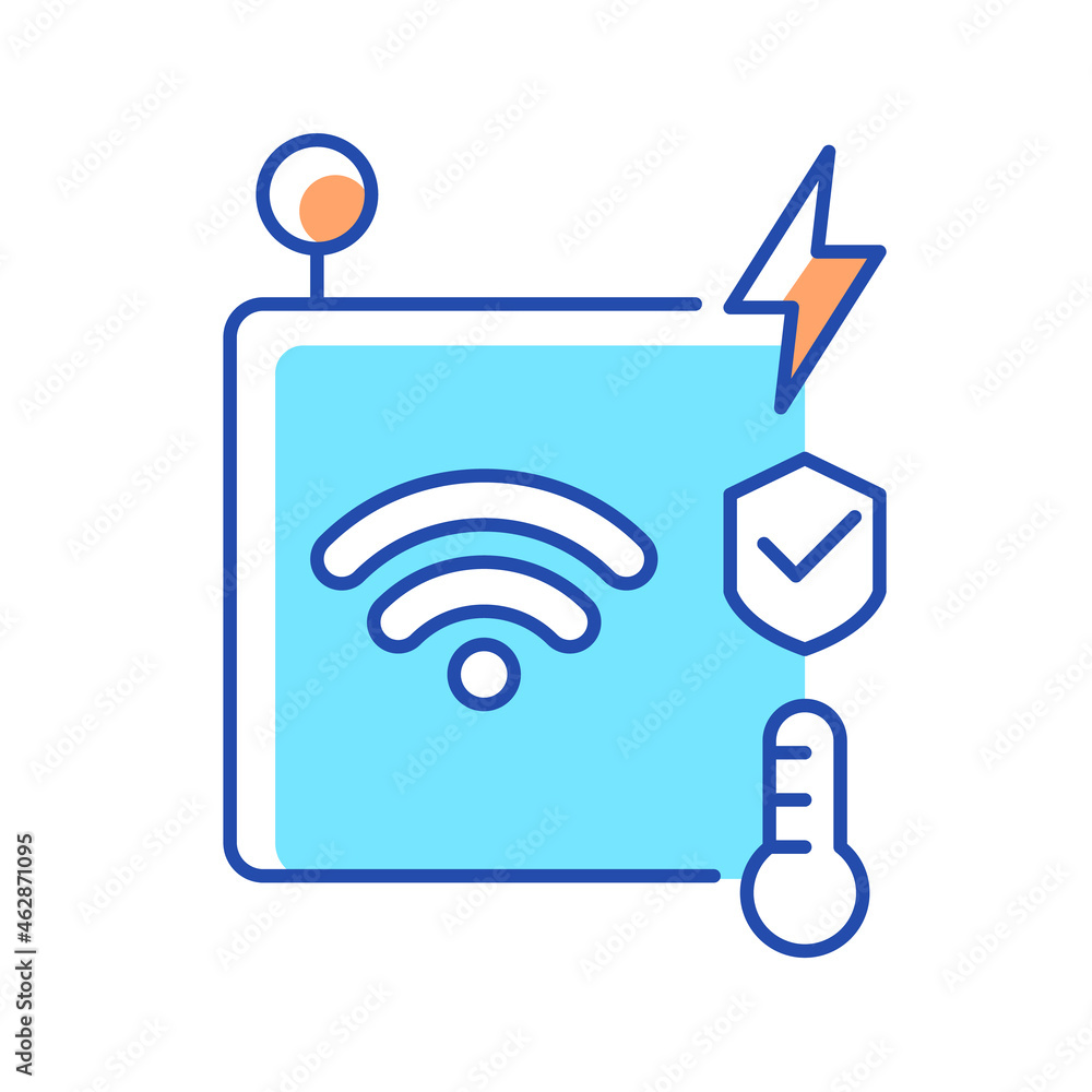 Poster iot sensors rgb color icon. information transmission over wireless network. smart home security syst
