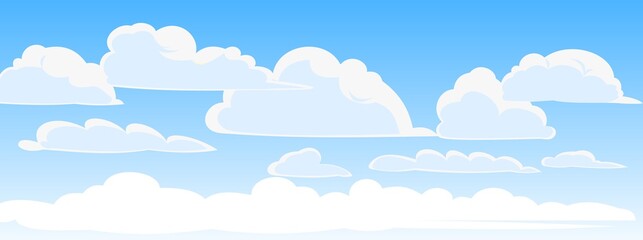Sky clouds vector. Illustration in cartoon style flat design. Heavenly atmosphere. Vector