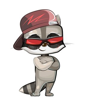 Cute Raccoon in cool sunglasses and a baseball cap backwards. Good animal kid. Cartoon style. Illustration for children with baby character stand. Isolated over white background. Vector